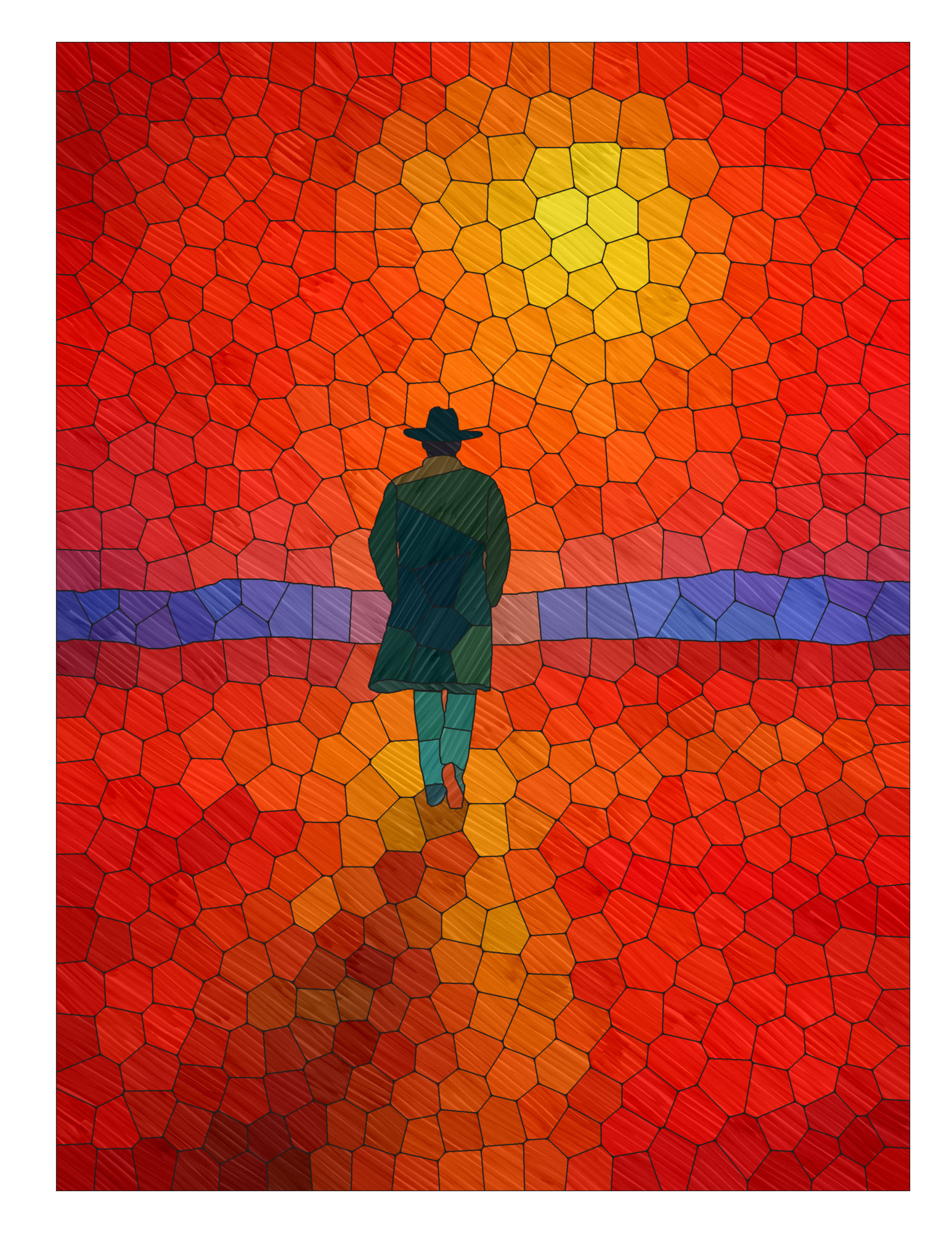 Figure walking into sunset mosaic